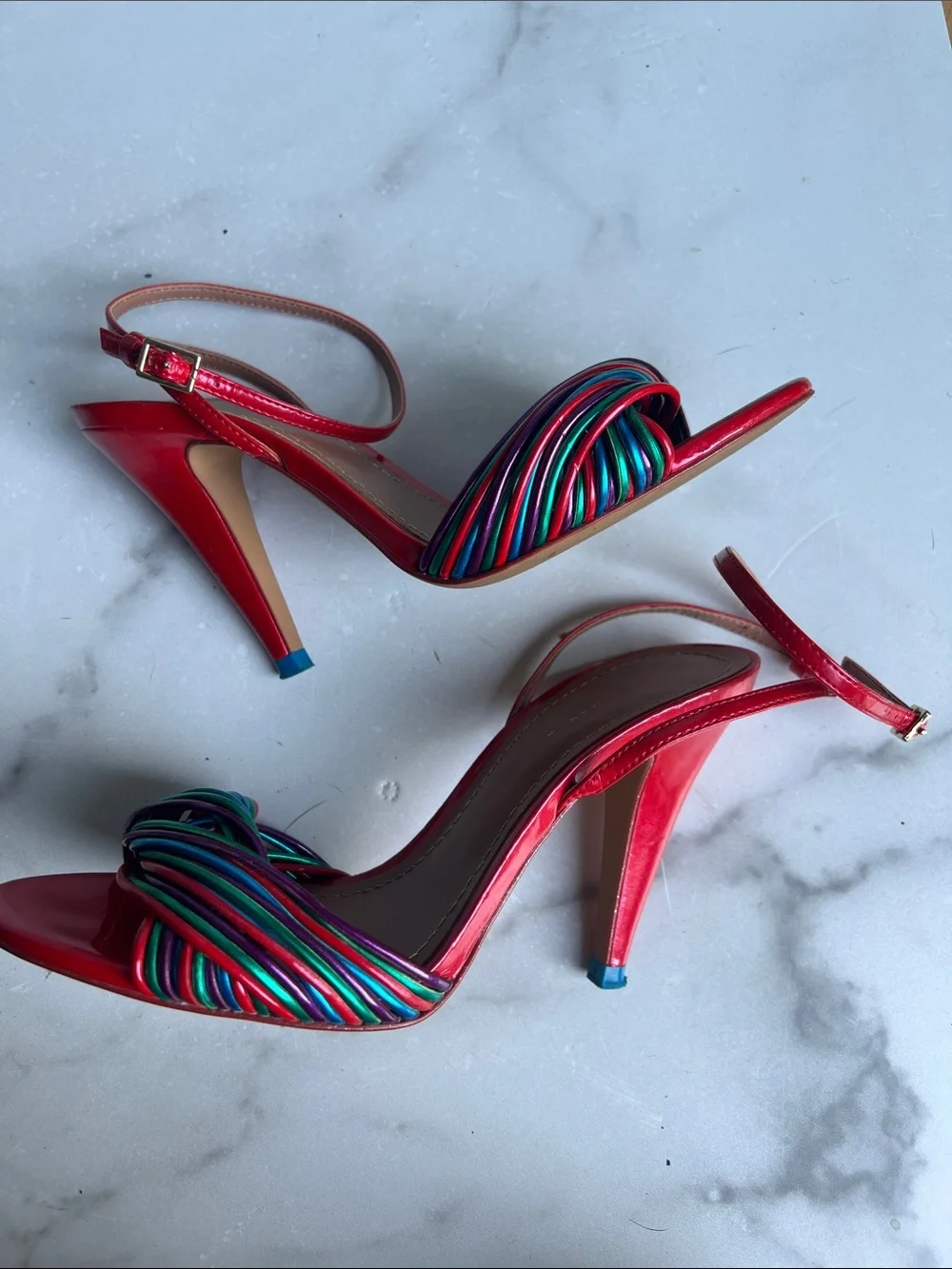 Zara Red High Heel Sandals with Multicolor Braided Straps size 37 fits size 6 - Picture 3 of 13